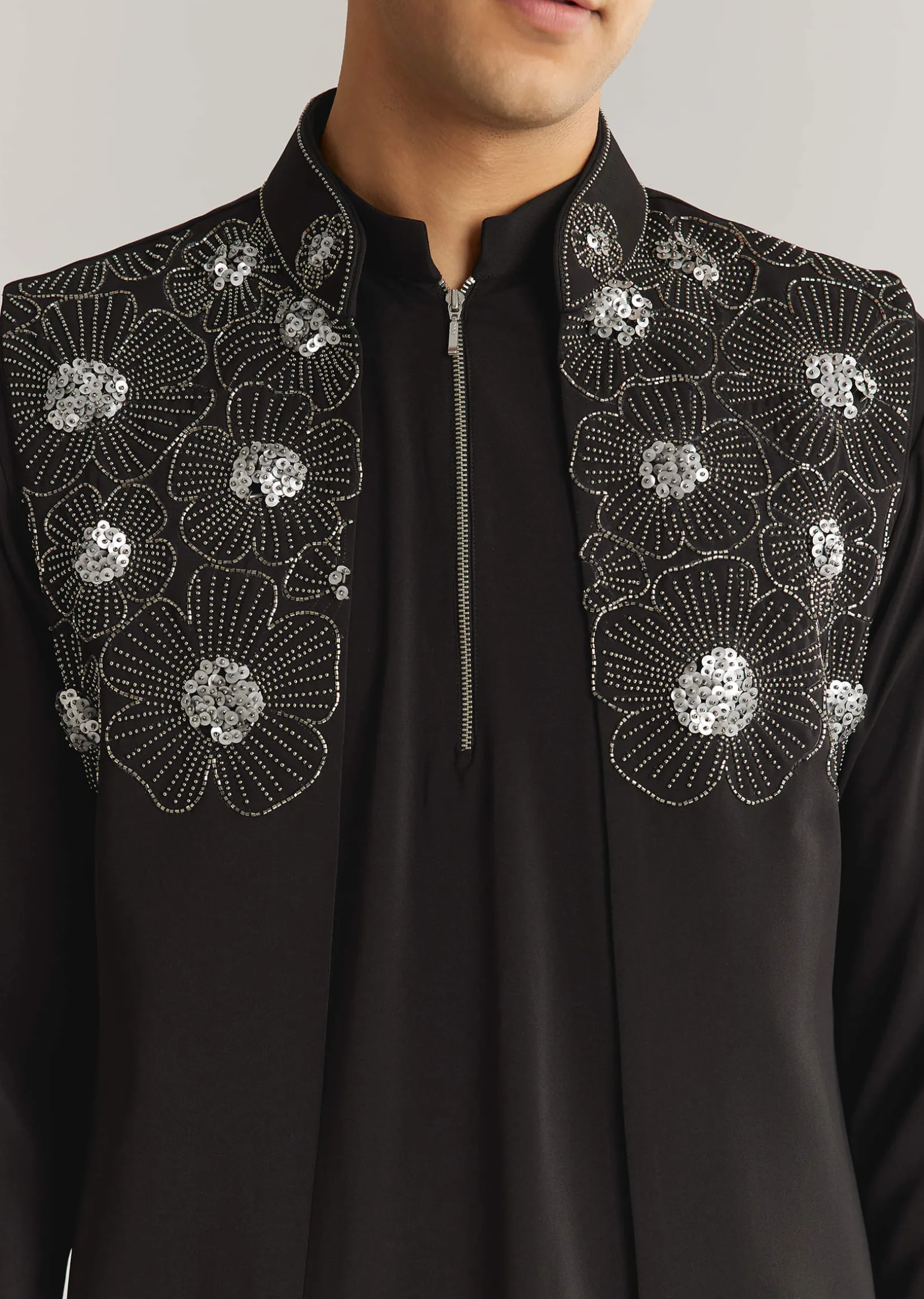 Black Suiting Cutdana Sequins Floral Kurta Jacket Set