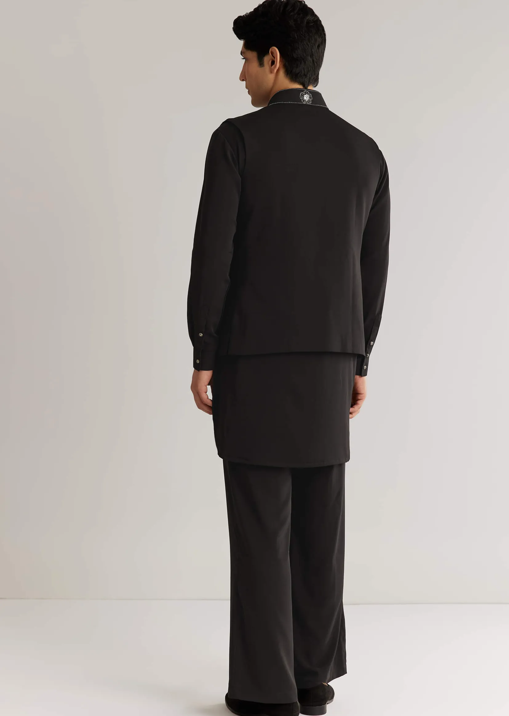 Black Suiting Cutdana Sequins Floral Kurta Jacket Set