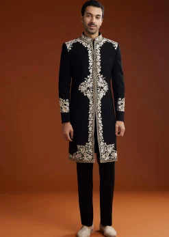 Black Suiting Indo Jacket Set With Floral Resham Embroidery
