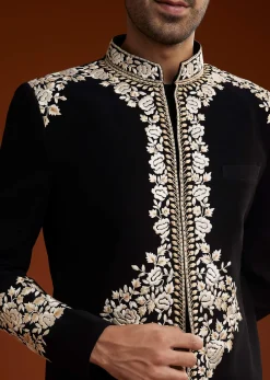 Black Suiting Indo Jacket Set With Floral Resham Embroidery