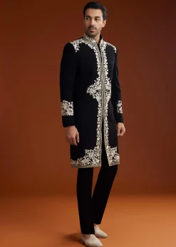 Black Suiting Indo Jacket Set With Floral Resham Embroidery