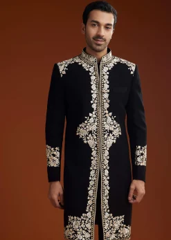 Black Suiting Indo Jacket Set With Floral Resham Embroidery
