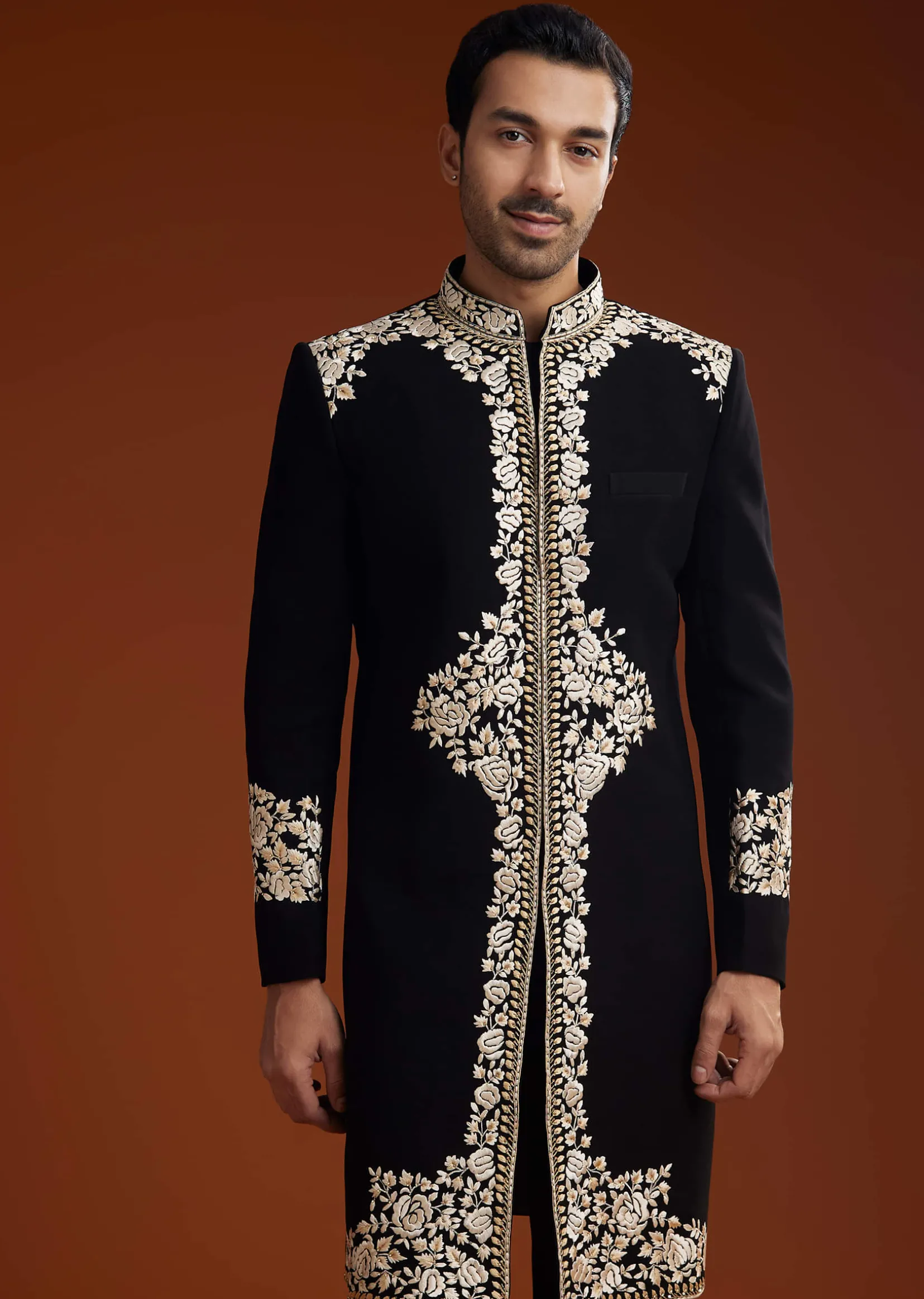 Black Suiting Indo Jacket Set With Floral Resham Embroidery
