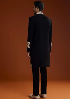 Black Suiting Indo Jacket Set With Floral Resham Embroidery