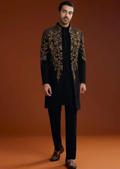 Black Suiting Indo Jacket Set With Zardosi Floral Embroidery