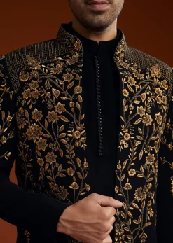 Black Suiting Indo Jacket Set With Zardosi Floral Embroidery