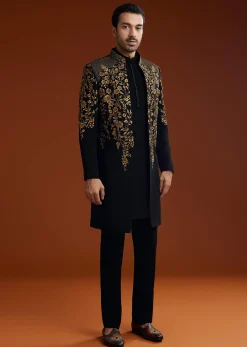 Black Suiting Indo Jacket Set With Zardosi Floral Embroidery