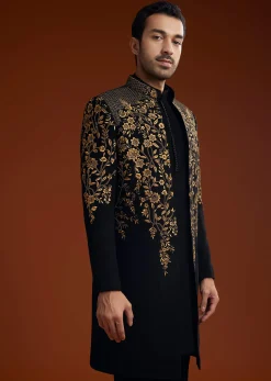 Black Suiting Indo Jacket Set With Zardosi Floral Embroidery