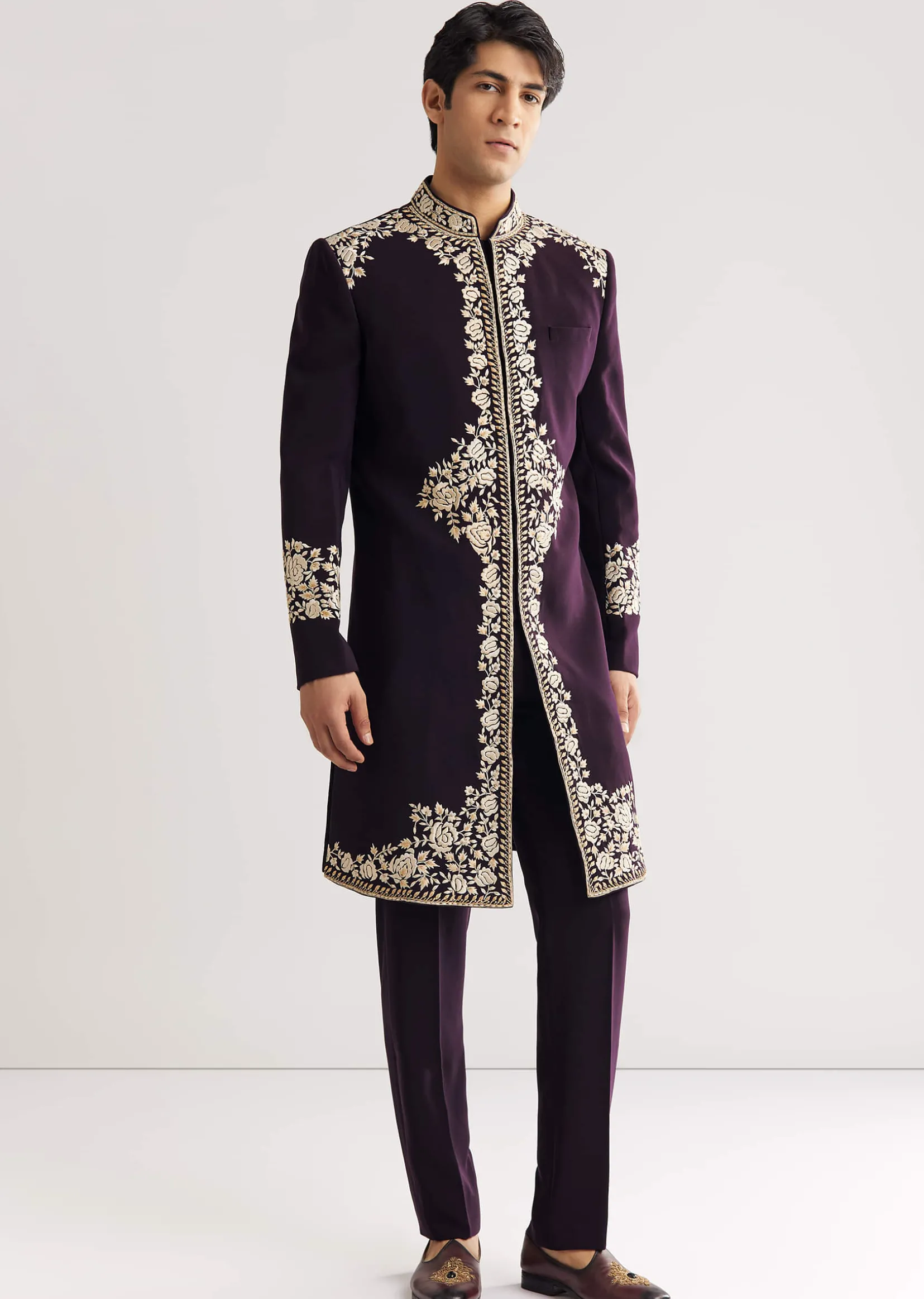 Black Suiting Indo Western With Floral Thread Embroidery