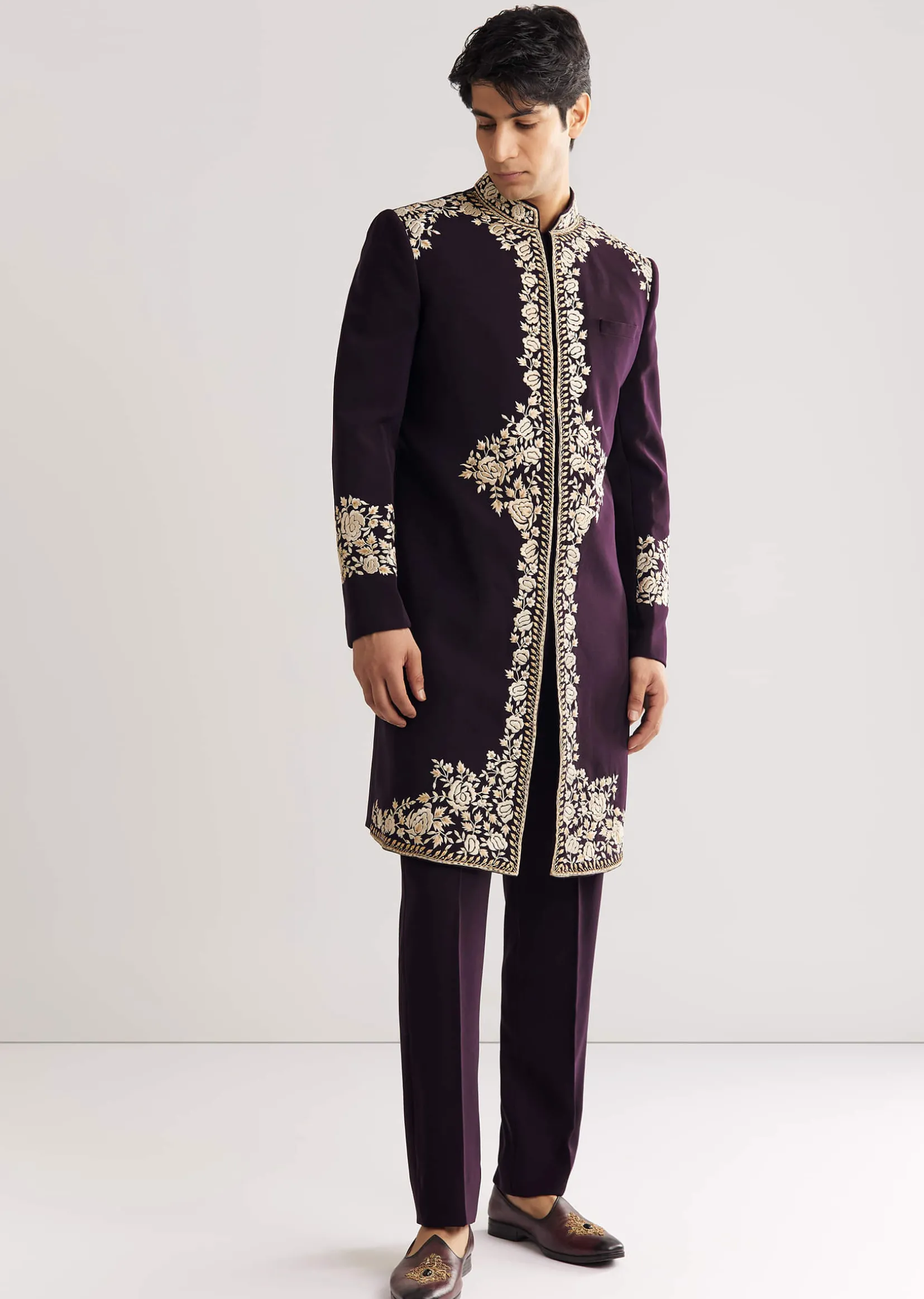 Black Suiting Indo Western With Floral Thread Embroidery
