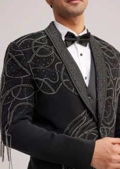Black Suiting Tuxedo With Metallic Chain And Stone Work