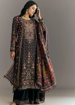 Black Tabby Silk Zari Embroidered Kurta Palazzo With Printed Dupatta
