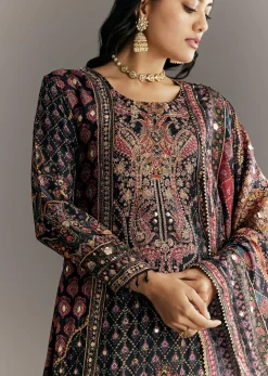 Black Tabby Silk Zari Embroidered Kurta Palazzo With Printed Dupatta