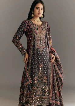 Black Tabby Silk Zari Embroidered Kurta Palazzo With Printed Dupatta