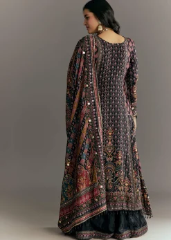 Black Tabby Silk Zari Embroidered Kurta Palazzo With Printed Dupatta