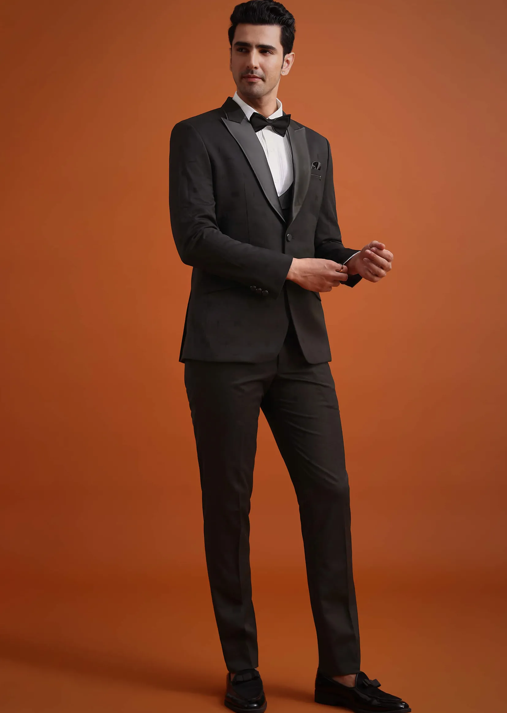 Black Terry Rayon Tuxedo Waistcoat And Pant Set