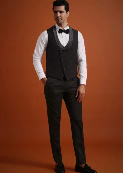 Black Terry Rayon Tuxedo Waistcoat And Pant Set