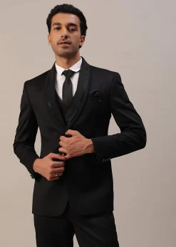 Black Terry Rayon Tuxedo Set With Cut Work Embroidery