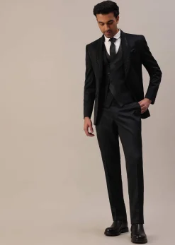 Black Terry Rayon Tuxedo Set With Cut Work Embroidery
