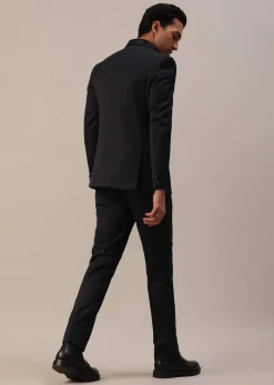 Black Terry Rayon Tuxedo Set With Cut Work Embroidery