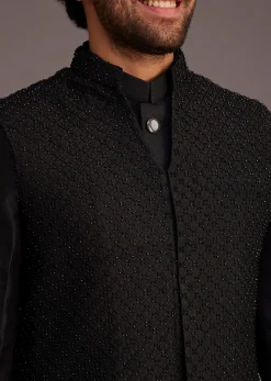Black Textured Bandhgala With Embellished Full Sleeve Jacket