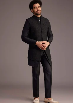 Black Textured Bandhgala With Embellished Full Sleeve Jacket