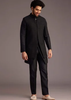 Black Textured Bandhgala With Embellished Full Sleeve Jacket