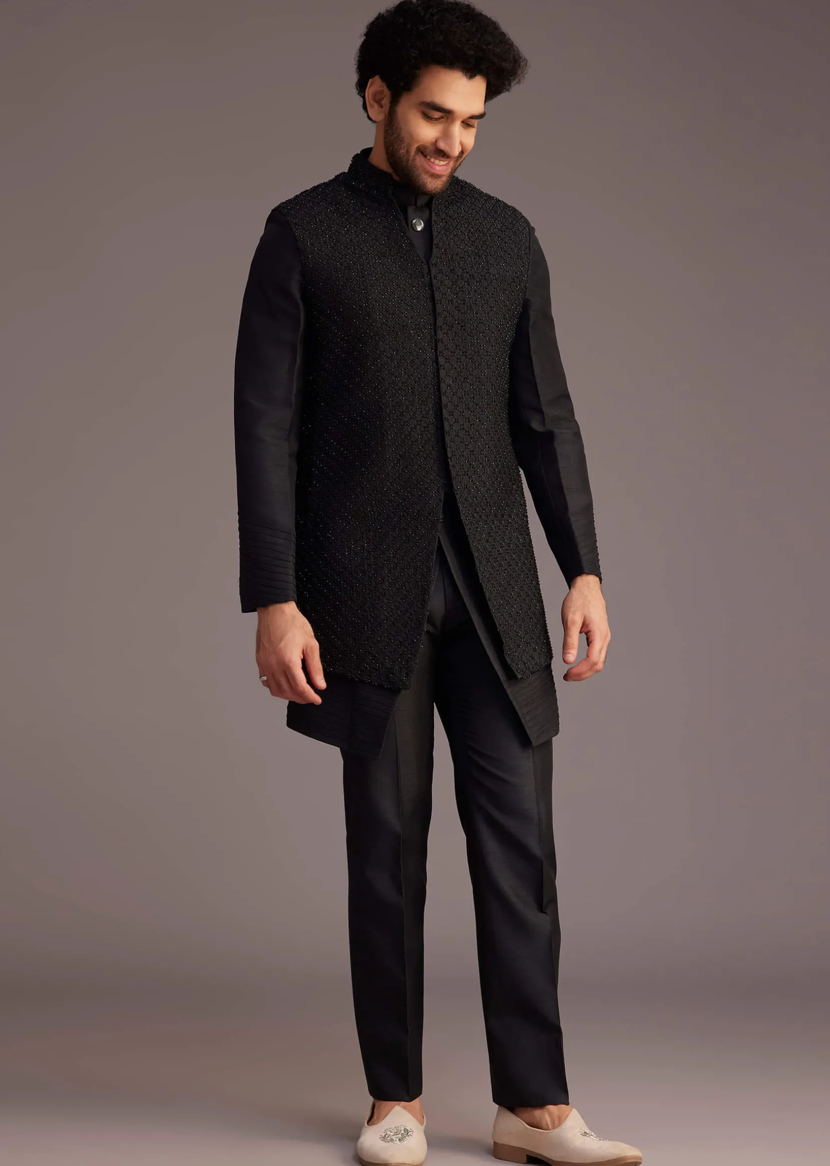 Black Textured Bandhgala With Embellished Full Sleeve Jacket