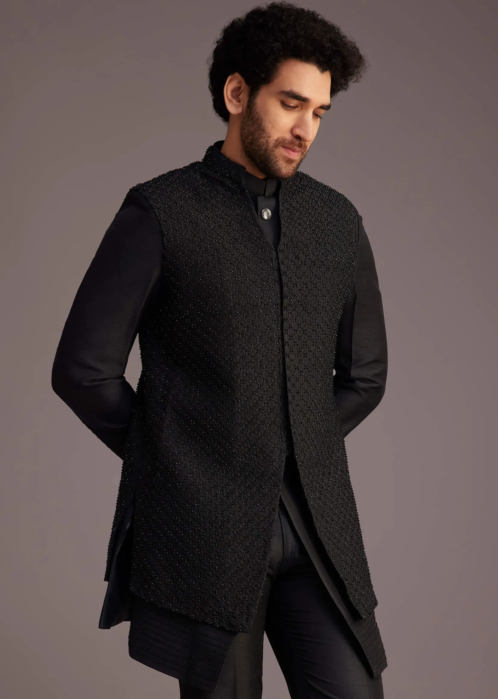 Black Textured Bandhgala With Embellished Full Sleeve Jacket