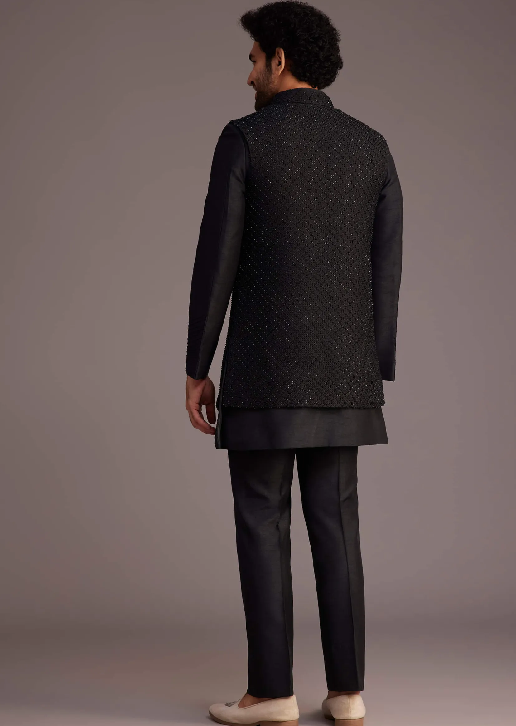 Black Textured Bandhgala With Embellished Full Sleeve Jacket