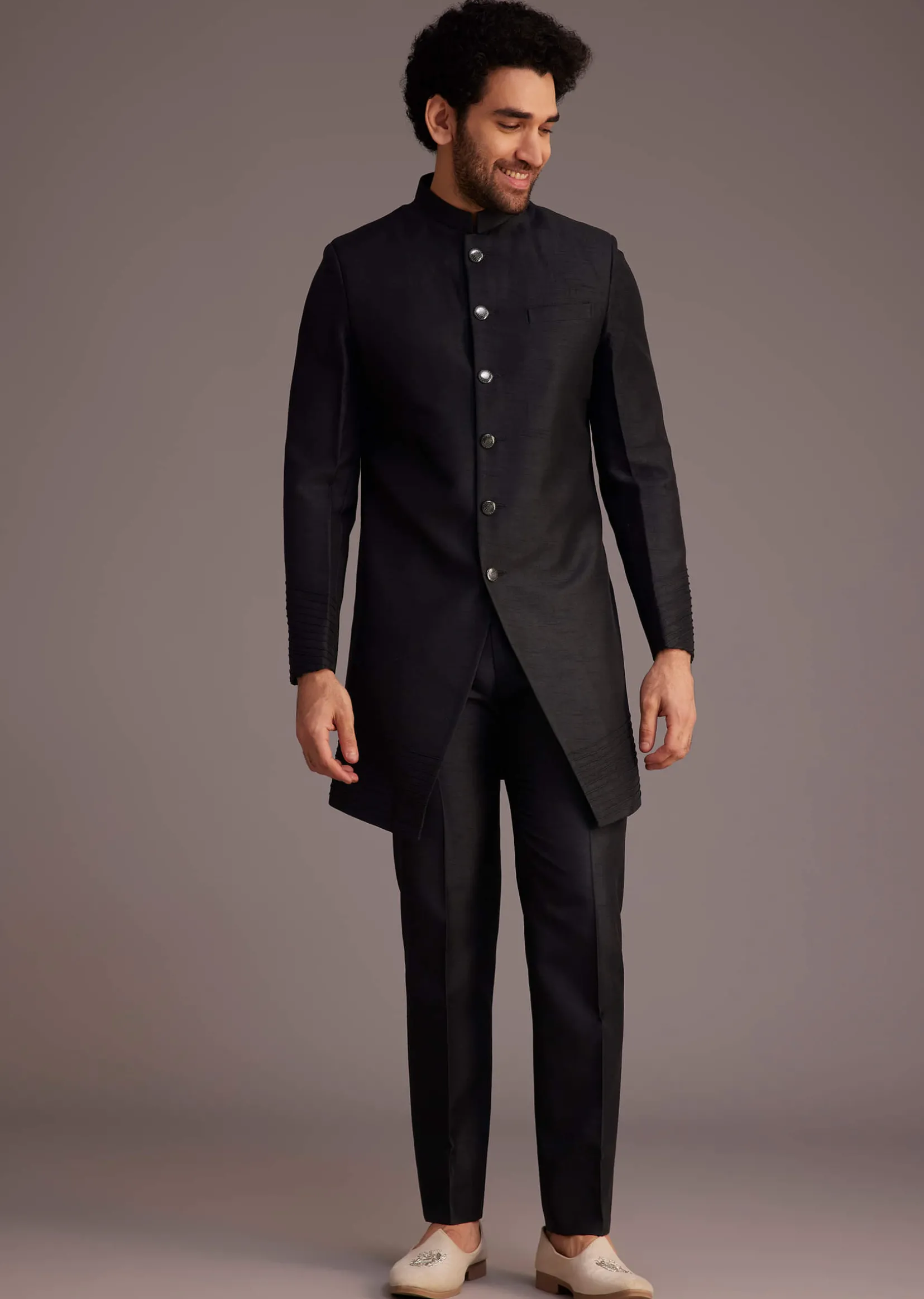 Black Textured Bandhgala With Embellished Full Sleeve Jacket