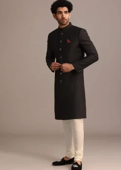 Black Textured Sherwani Set With Mandarin Collar