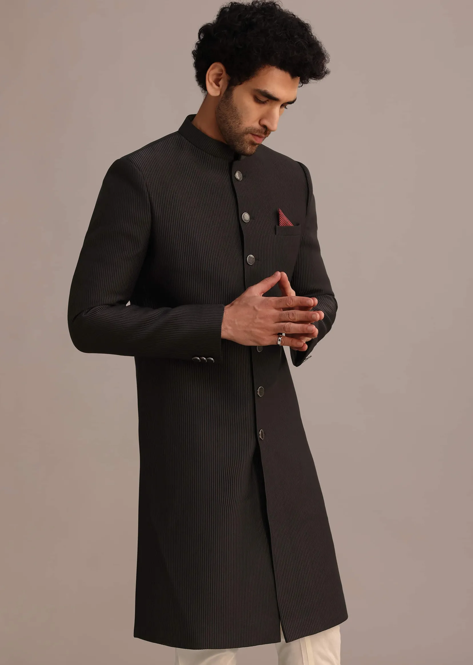 Black Textured Sherwani Set With Mandarin Collar