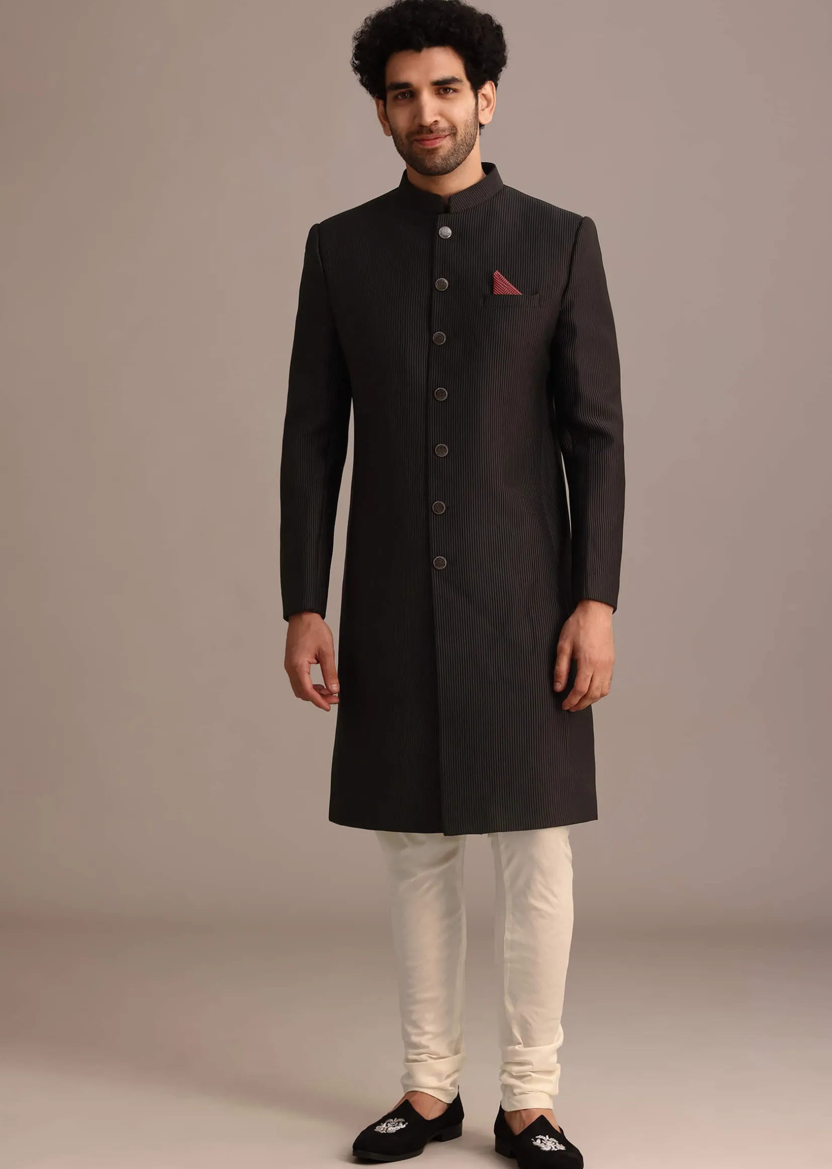 Black Textured Sherwani Set With Mandarin Collar