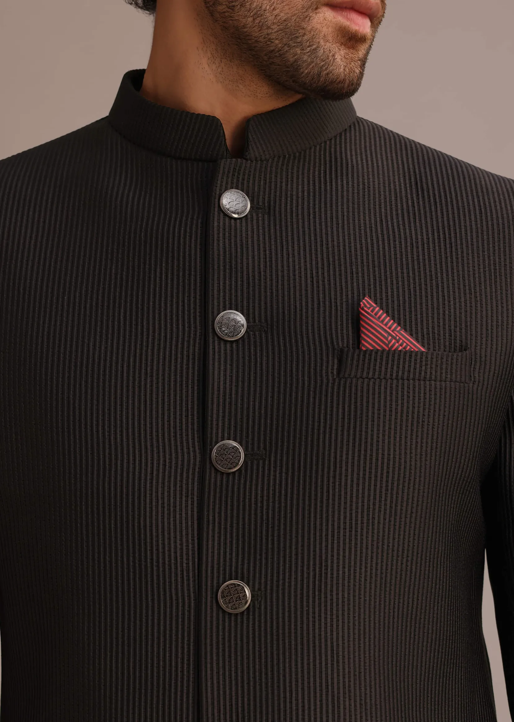 Black Textured Sherwani Set With Mandarin Collar