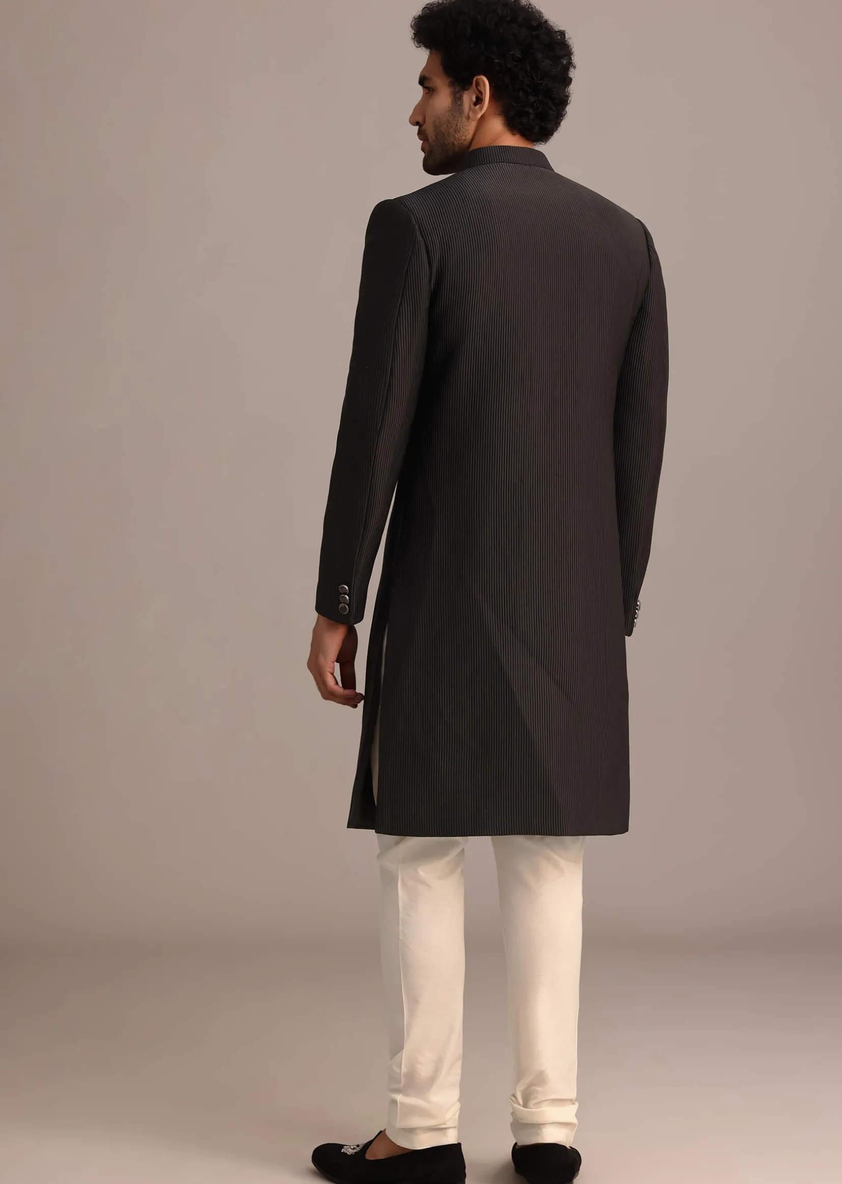 Black Textured Sherwani Set With Mandarin Collar
