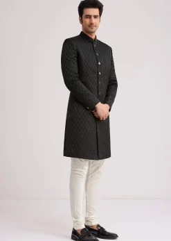Black Textured Sherwani With Classic Button Detailing