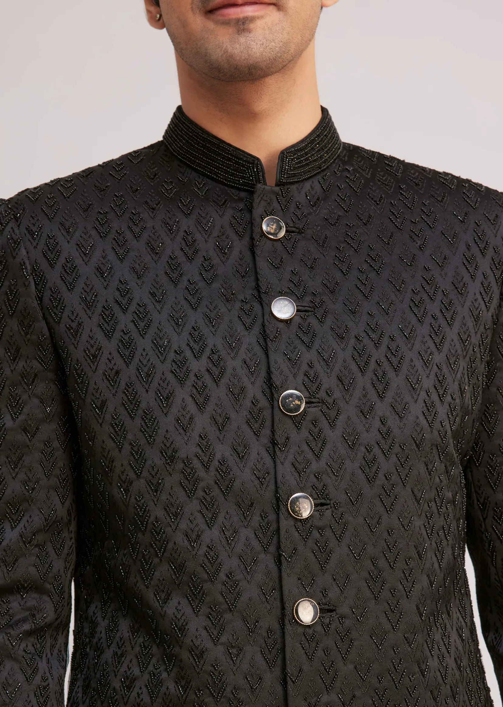 Black Textured Sherwani With Classic Button Detailing