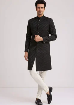 Black Textured Sherwani With Classic Button Detailing