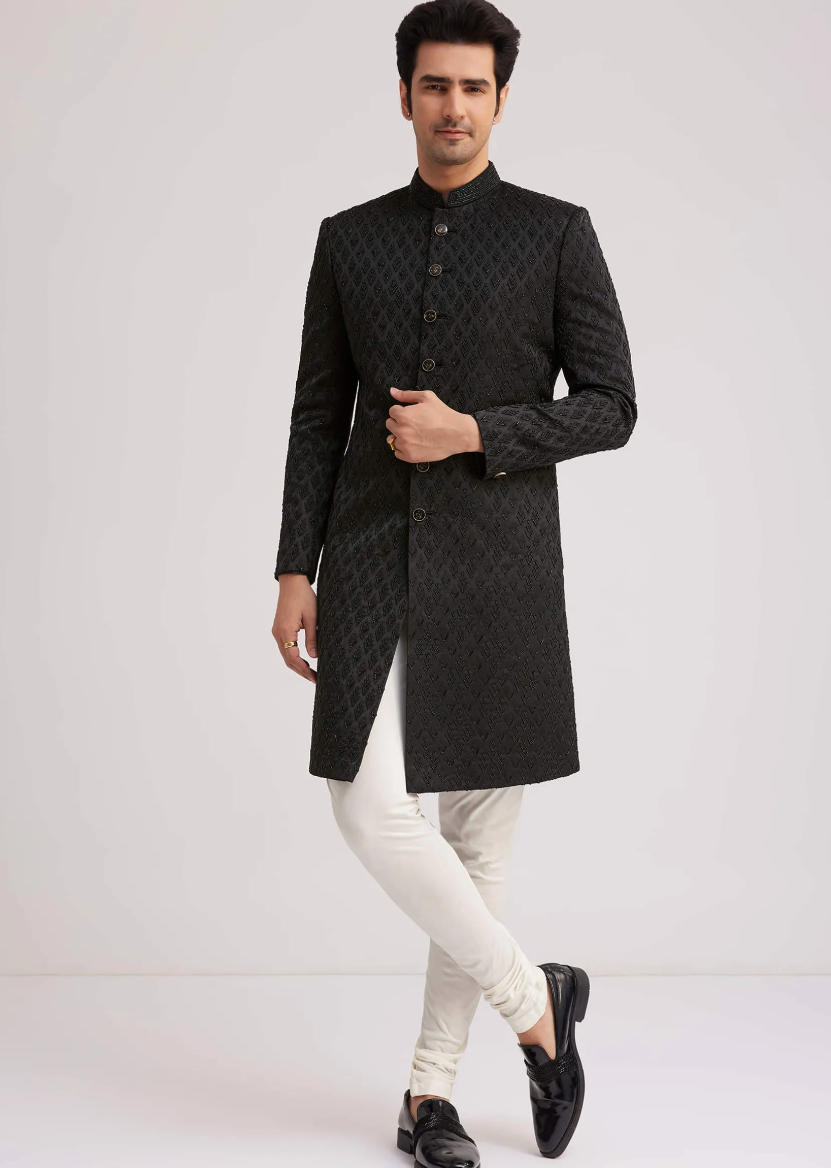 Black Textured Sherwani With Classic Button Detailing