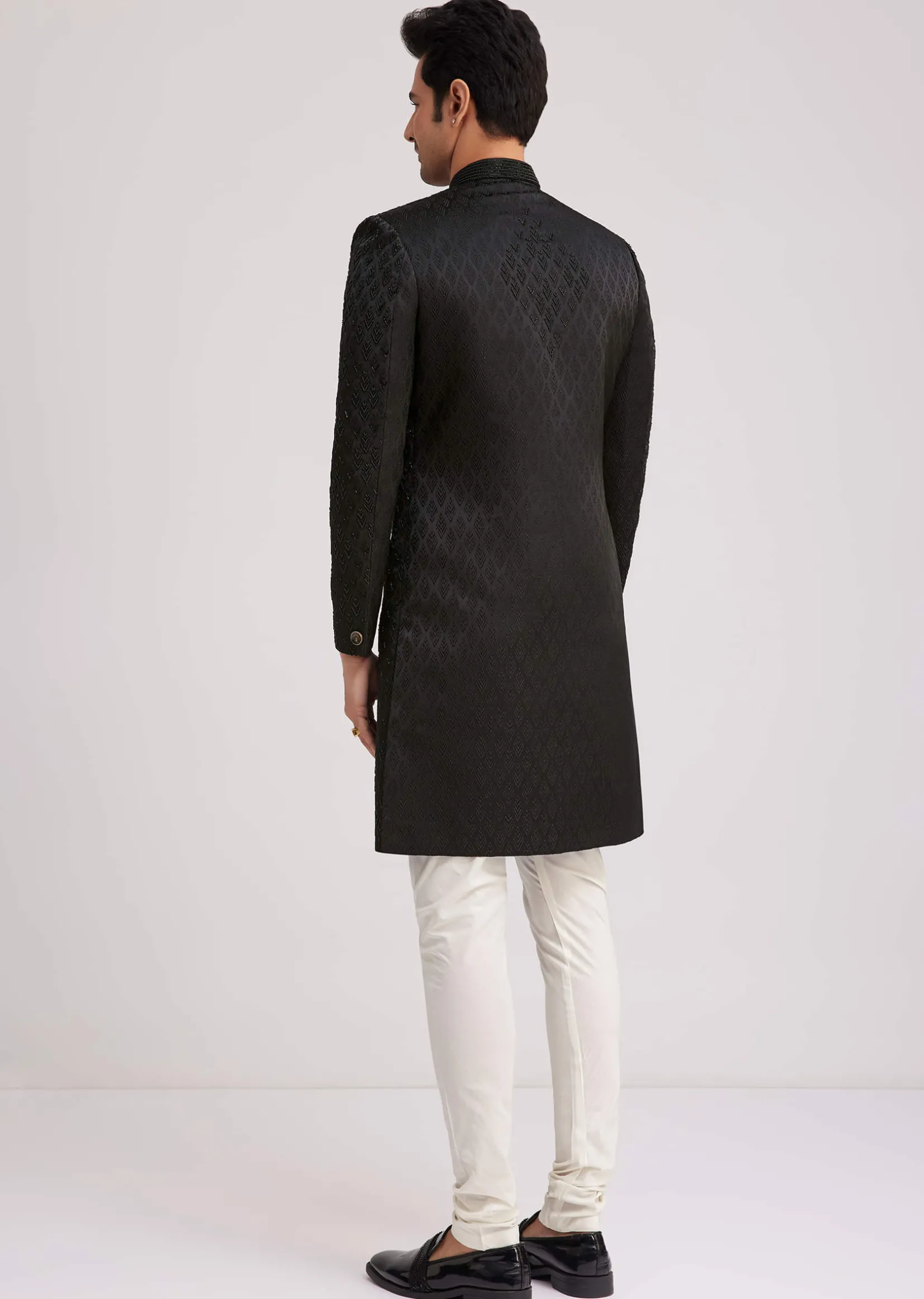 Black Textured Sherwani With Classic Button Detailing