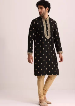Black Tussar Silk Kurta Set With Thread Work