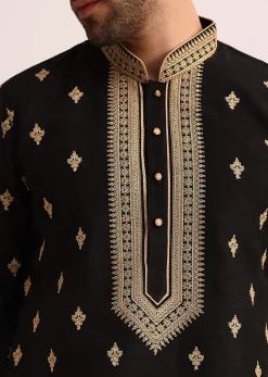 Black Tussar Silk Kurta Set With Thread Work
