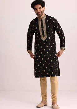 Black Tussar Silk Kurta Set With Thread Work
