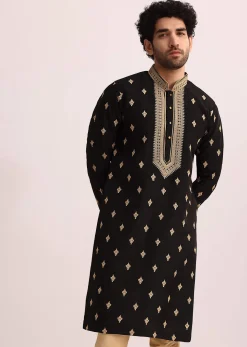 Black Tussar Silk Kurta Set With Thread Work
