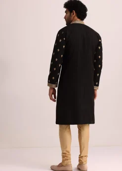 Black Tussar Silk Kurta Set With Thread Work