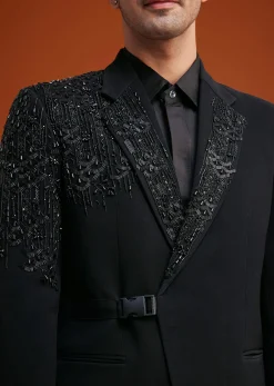 Black Tuxedo With Asymmetric Beaded Embellishments