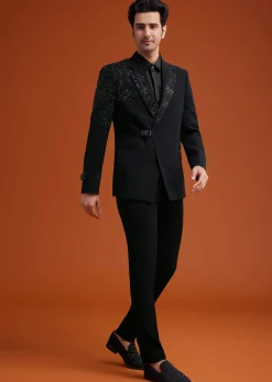 Black Tuxedo With Asymmetric Beaded Embellishments