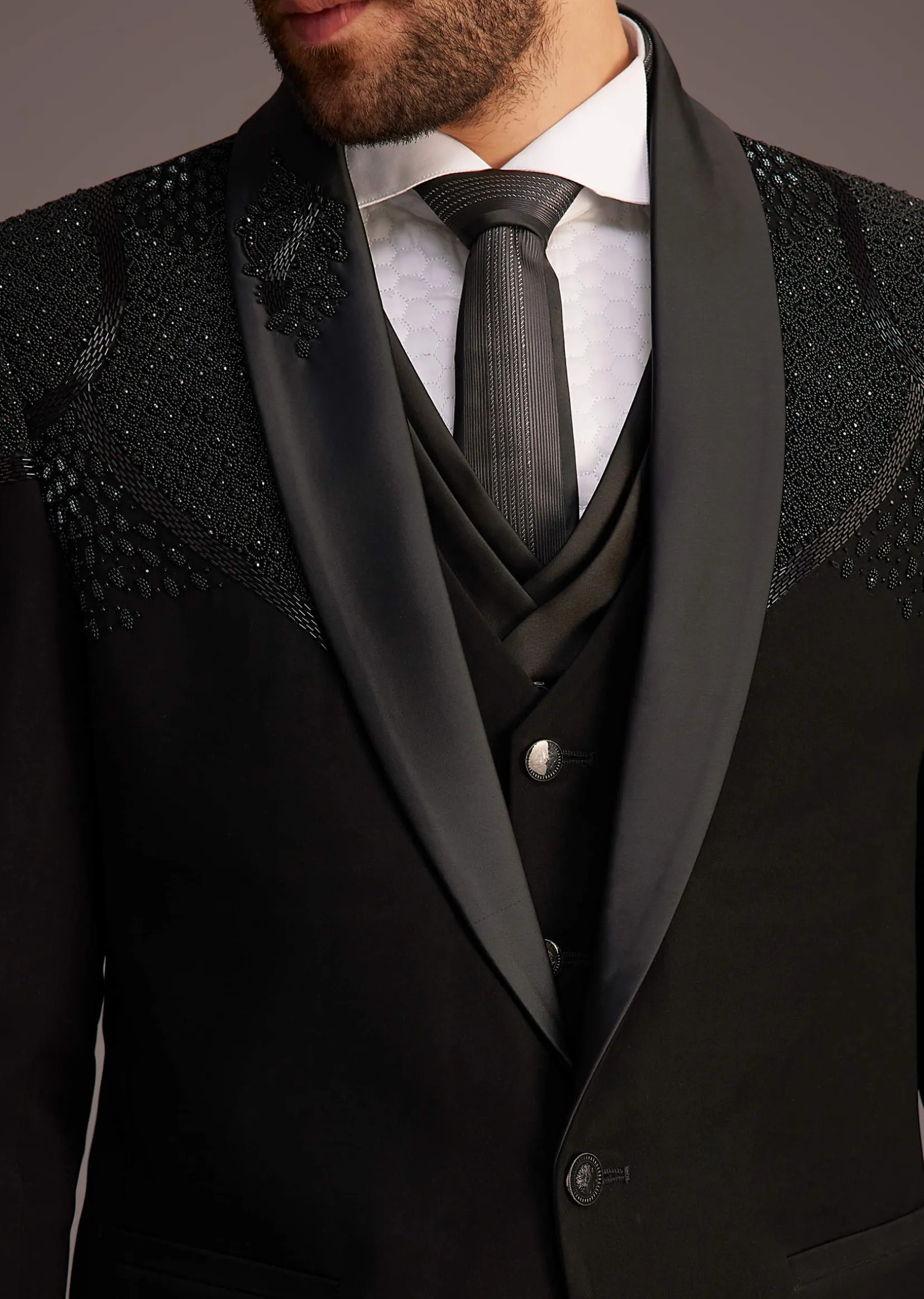 Black Tuxedo With Beaded Shoulder Detailing And Satin Lapel