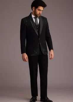 Black Tuxedo With Beaded Shoulder Detailing And Satin Lapel
